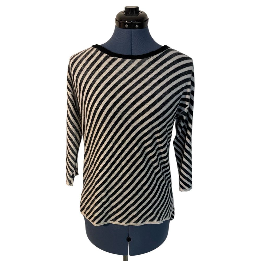 Nordstrom Womens 100% Cashmere Black Cream Striped Sweater Oversized Hi Lo XS